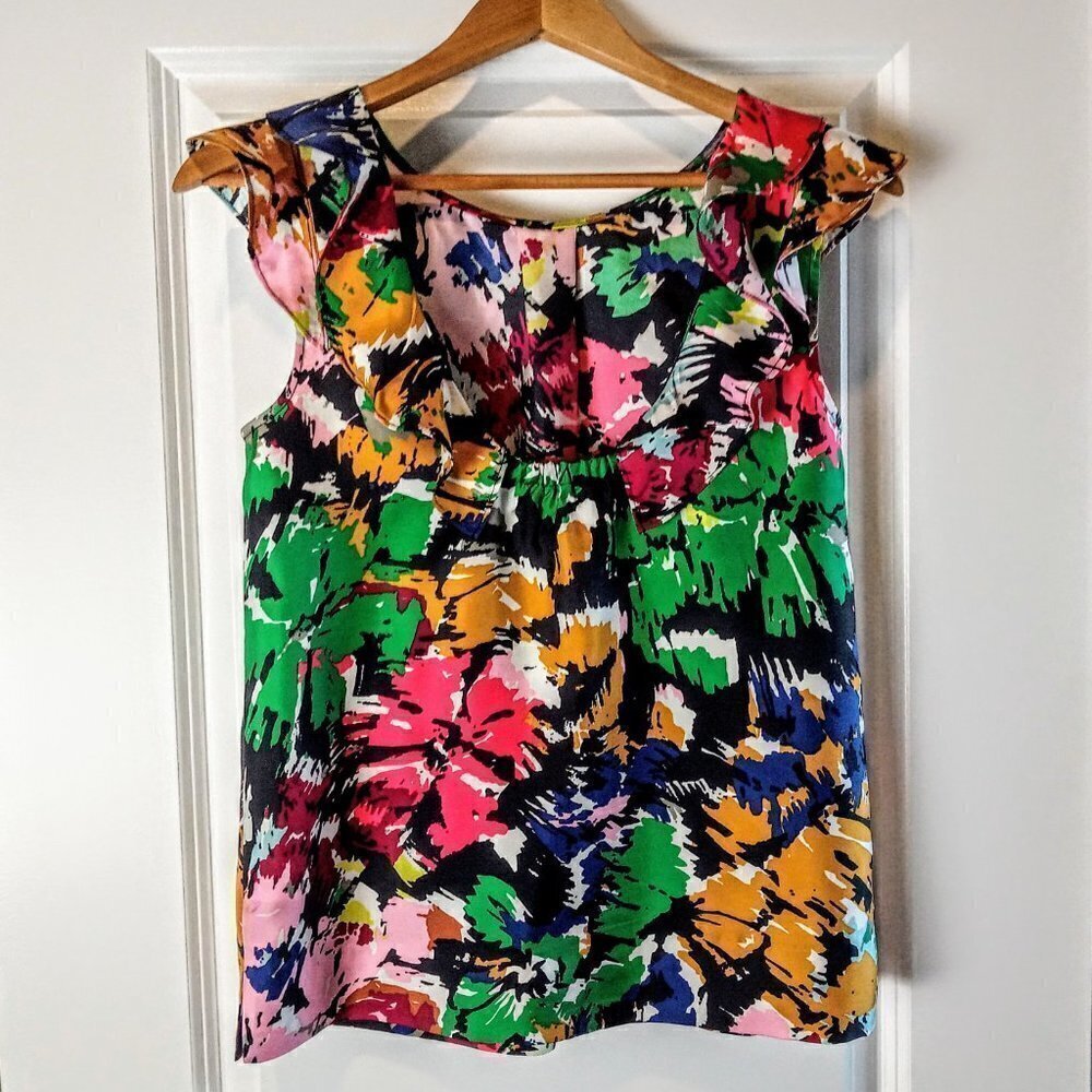 J. Crew Abstract Print Multicolor Ruffle Silk Top - Picture 3 of 7